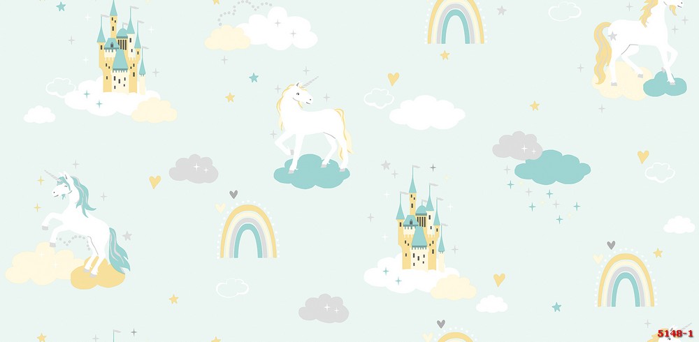 Giấy dán tường ngựa pony và lâu đài đáng yêu 5148-1